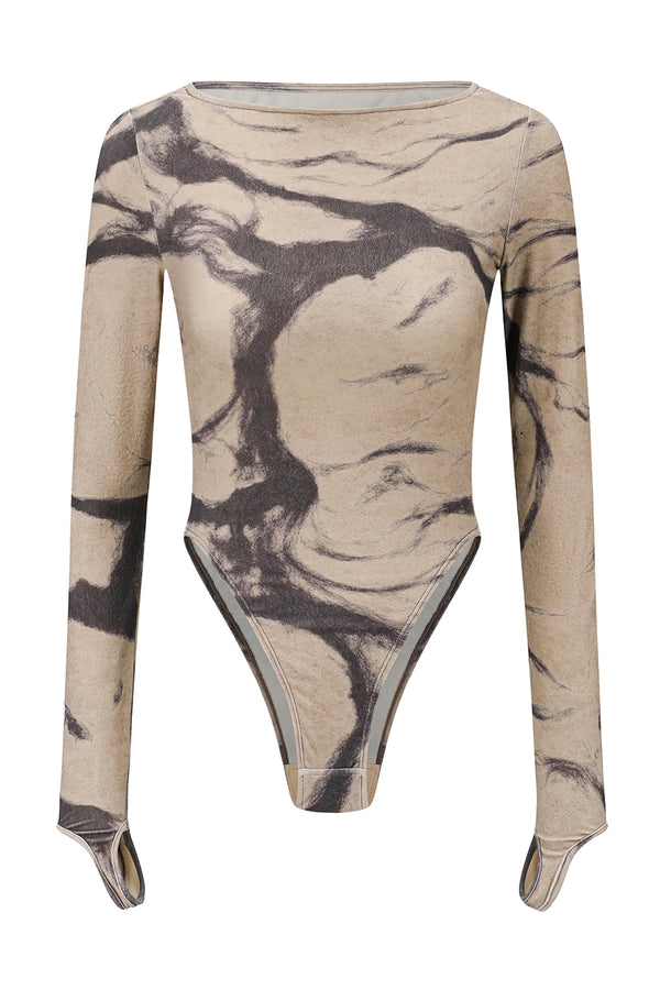 OUDE WAAG 25 Autumn/Winter Stretch Velvet Bodysuit OW-OW-25AW-BD03P2WI018-ML Beige Gray Print